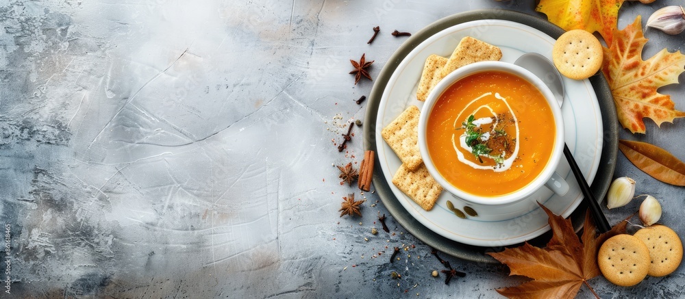 Poster White plate with autumn pumpkin soup, rye crackers, and spices on gray background in horizontal view, leaving open space for a picture or text. with copy space image. Place for adding text or design