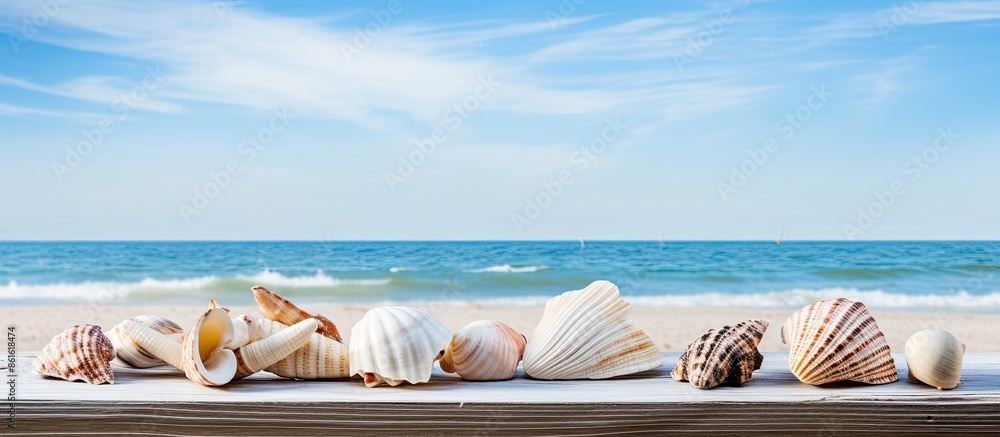Poster Seashells on rustic wooden planks with a beach setting in the background, ideal for adding text with copy space image.