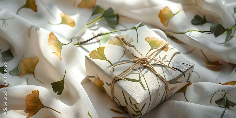 Poster creating a natural look with ginkgo leaf print on textile and wrapping paper. concept ginkgo leaf pr