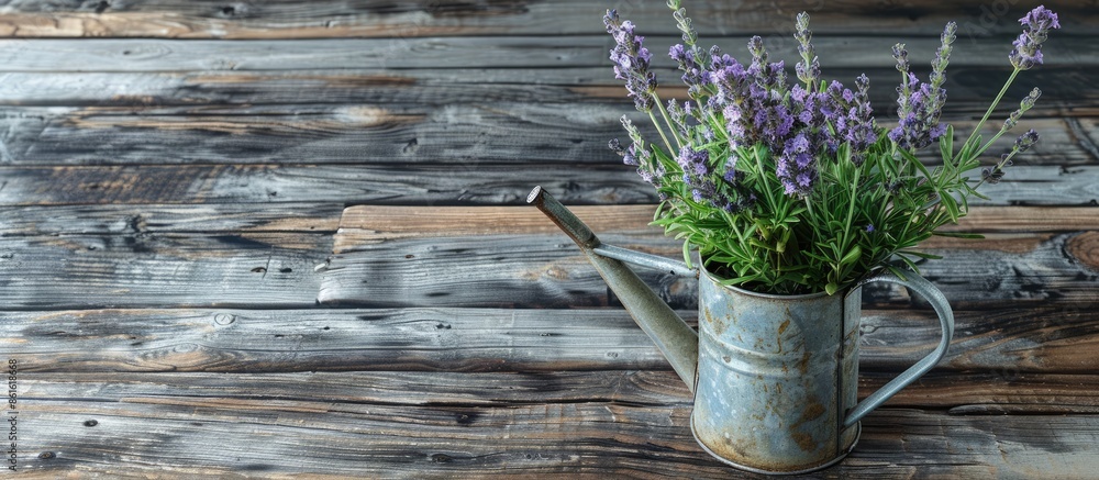 Poster copy space image featuring a wooden background with a watering can filled with delicate lavender flo