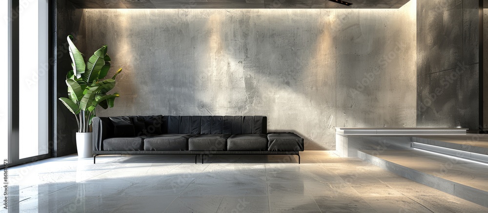 Poster Interior design of empty modern room with black couch. with copy space image. Place for adding text or design