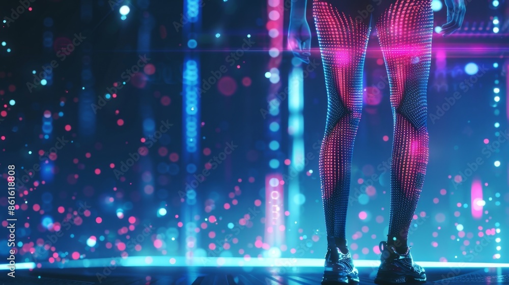 Poster a pair of fitness leggings with embedded sensors that measure muscle activity providing realtime fee