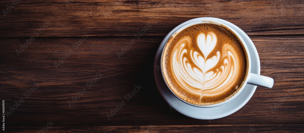 Poster Top view image of a hot latte with latte art in a white cup on a wooden table, featuring copy space for text.