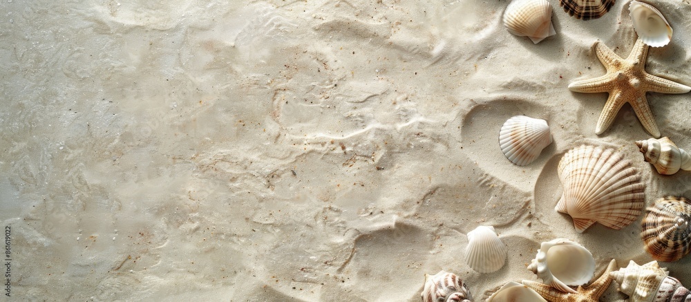 Poster Top view of seashells on sandy beach creating a textured background with space for text. Ideal for a summer vacation theme, with neutral colors and a focused composition. with copy space image