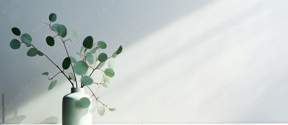 Poster front view of a green eucalyptus branch casting shadows on a light grey background, providing a mini