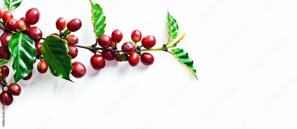 Aufkleber Red coffee beans on a branch of coffee tree, ripe and unripe berries isolated on white background. Copy space image. Place for adding text or design