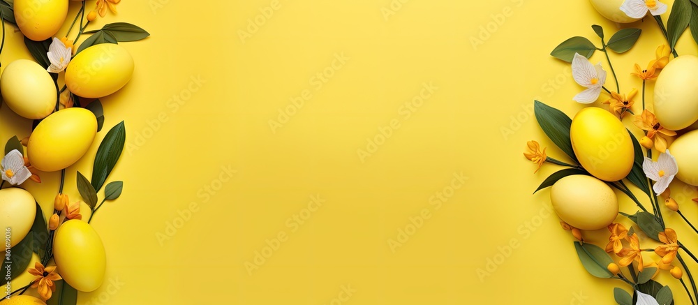 Poster easter egg frame on yellow paper backdrop for greeting card with copy space image.