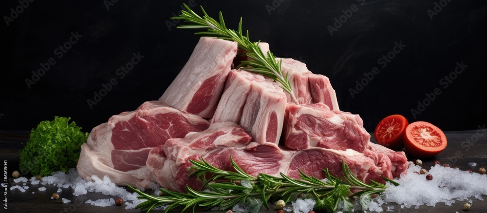 Poster raw lamb cuts displayed with a backdrop for text or image insertion. with copy space image. place fo