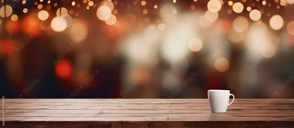 Poster Coffee shop or restaurant blurred background with bokeh effect, emphasizing an empty brown wooden table as the focal point for your photomontage or product display using a copy space image.
