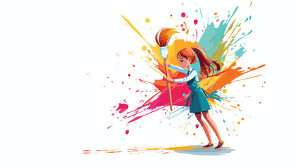 Obraz premium Schoolgirl Character Wields An Enormous Paintbrush He