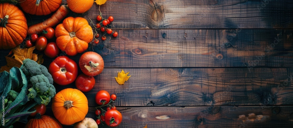 Poster Fresh autumn vegetables arranged on a rustic wooden surface for a flat lay style with a background suitable for adding text or other elements - copy space image.