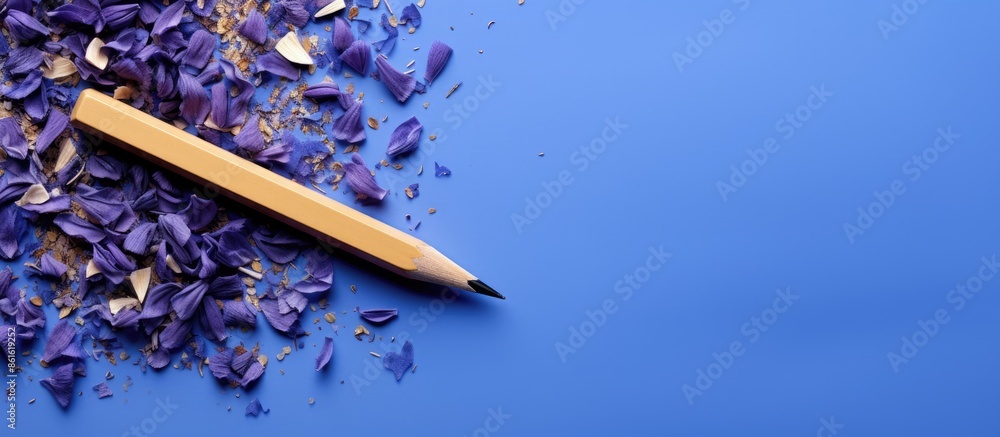 Poster close-up view of a blue pencil, shavings, crumbs, and sharpener arranged on a violet background with