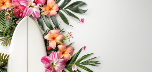 Surfboard with tropical flower lei, white backdrop, rule of thirds, copy space