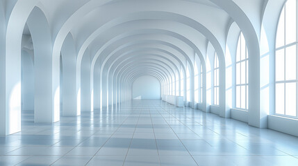 A bright, modern corridor with arched windows and glossy floors, filled with natural light and open space.