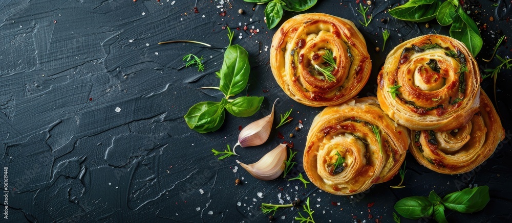 Poster cheese scrolls with garlic and greens, homemade, displayed in a tempting manner in a copy space imag