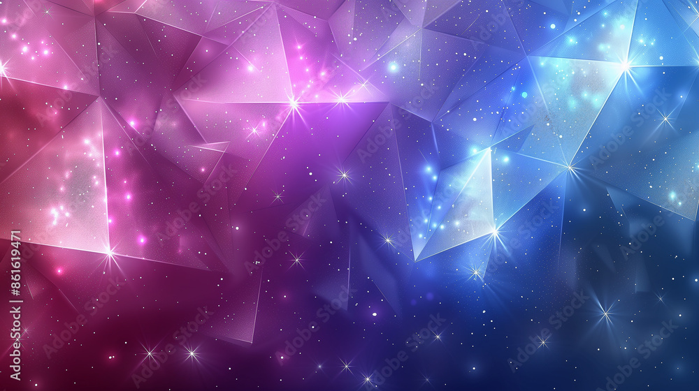 Poster a captivating blend of pink and blue geometric shapes with star-like sparkles, creating an abstract 