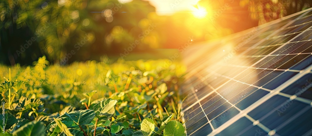 Poster bright solar panels in the nature. copy space image. place for adding text or design