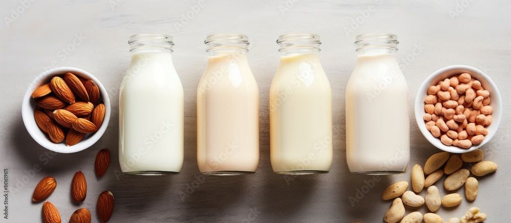 Aufkleber Assorted plant-based milk options like almond and cashew displayed on a table with a top view, suitable for a copy space image.