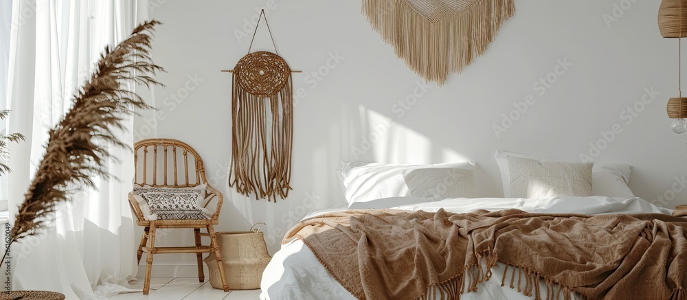 Poster minimalist interior of bedroom with soft bed and bohemian handmade decorations hanging on white wall