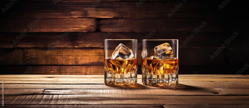 Poster whiskey glasses on a rustic wood backdrop with room for a copy space image.