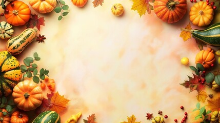 A colorful arrangement of various pumpkins and autumn leaves, encapsulating the vibrant and festive aspect of the fall season.