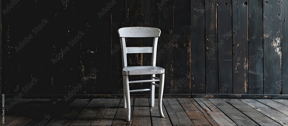 Poster low key white wooden chair on wooden floor retro dark tone . with copy space image. place for adding