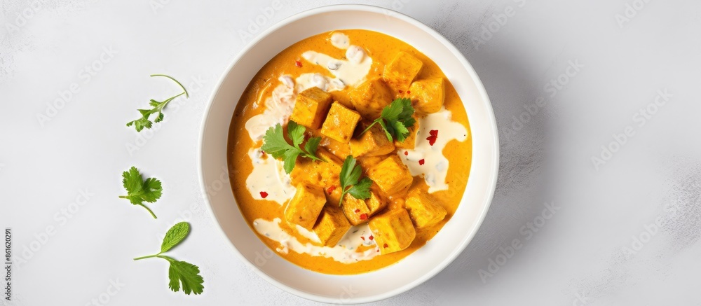 Poster indian style cottage cheese curry in a bowl on a white stone background with copy space image. top-d