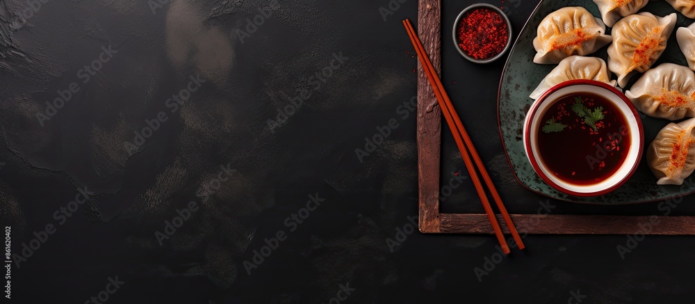 Aufkleber dark slate backdrop with chopsticks next to prawn gyozas in a top-down view, featuring a typical asi