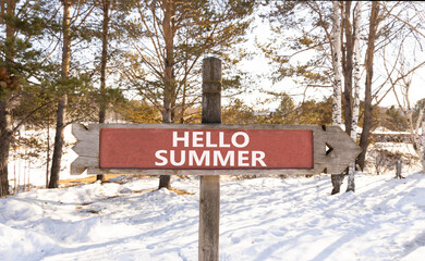 Hello summer symbol. Concept words Hello summer on beautiful wooden road sign. Beautiful winter forest snow tree background. Business lifestyle Hello summer concept. Copy space.
