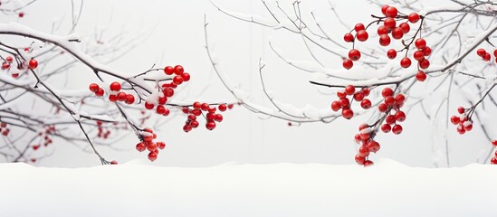 Winter-themed Christmas setting featuring tree branches, red berries, and a white background, ideal for a copy space image.