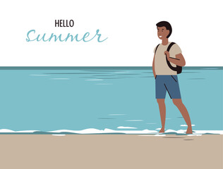 A young guy is walking barefoot. Tourist with a backpack. Summer holiday on the beach. Vector flat illustration. Seascape. Text inscription hello summer. Waves on the water.