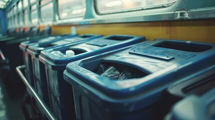 A closeup of the recycling bins available on the train encouraging passengers to reduce waste and recycle while traveling.