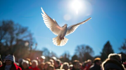 Peace Dove Flying Above Crowd Symbolizing Freedom and Unity for Social Campaigns