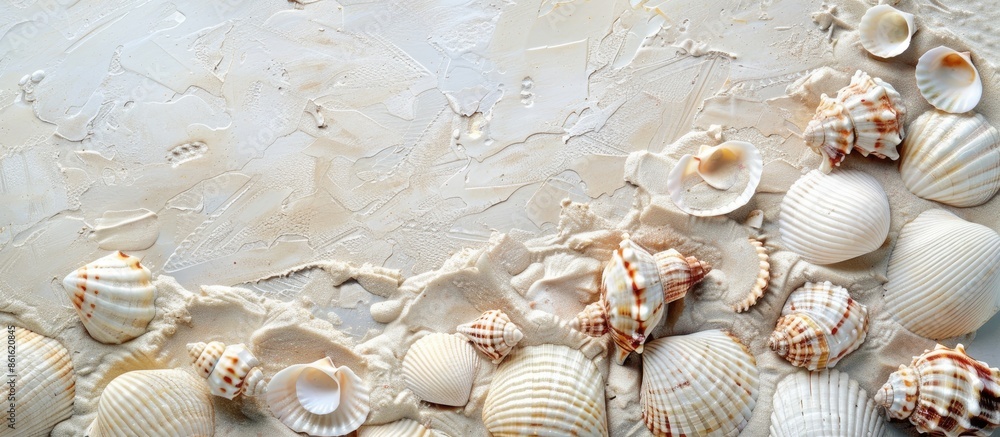 Aufkleber Top view of seashells on sandy beach creating a textured background with space for text. Ideal for a summer vacation theme, with neutral colors and a focused composition. with copy space image