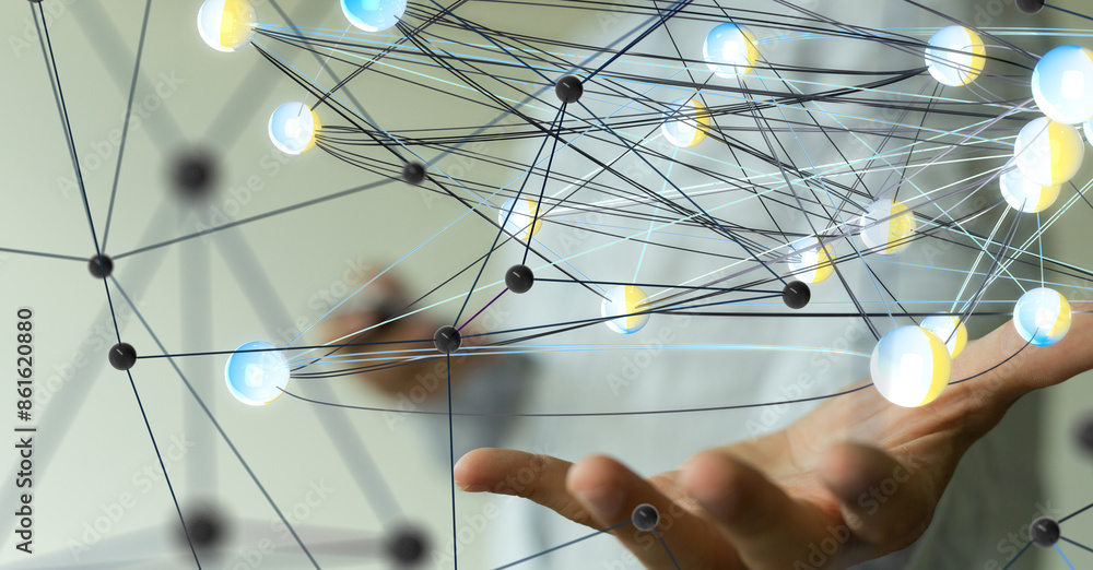 Poster Digital cyberspace with particles and Digital data network connections concept.