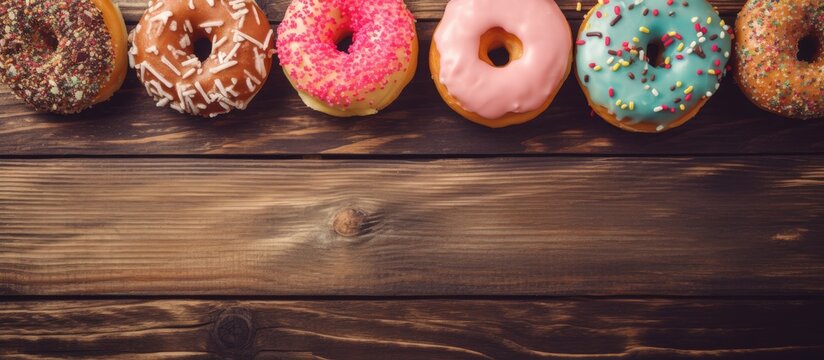Top view of delicious bakery doughnuts on a vintage rustic wooden table, captured in a retro-toned overhead shot with copy space image.