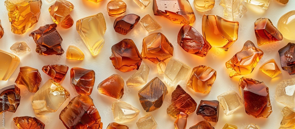 Poster amber. heap of natural unprocessed pieces of amber of different colors, shapes and sizes on a pastel