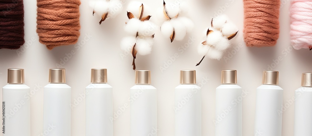 Aufkleber Cosmetic bottles arranged on colored backdrop with copy space image. Cream containers and cotton pads in flat lay composition from above.