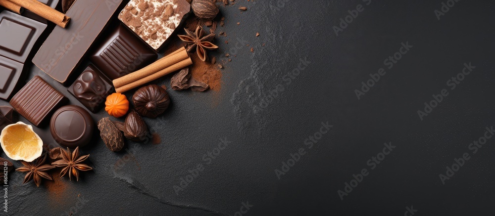 Poster various types of chocolate displayed in a flat lay arrangement on a gray background, providing ample