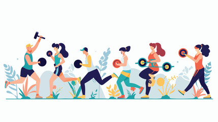 People Training in Gym with Coach Help. Characters 