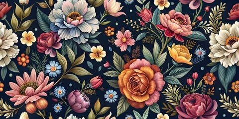 Seamless pattern with different colored watercolor flowers on a dark background, for fabric, textile, wallpaper and print designs. Hand drawn romantic flowers