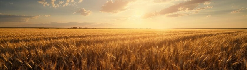 Obraz premium Scenic golden wheat field illuminated by a warm sunset, leading to a serene and tranquil horizon under a partly cloudy sky.