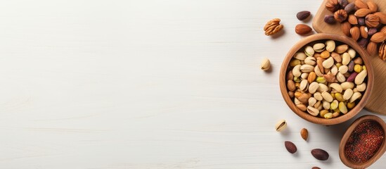 Top view of a wooden bowl with assorted nuts on a white table, creating a healthy snack with walnuts, pistachios, almonds, and hazelnuts, in an image with space for writing. with copy space image