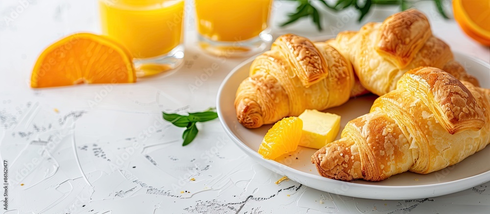 Poster Fresh crescent roll with butter and orange juice on a white background, with ample copy space image.