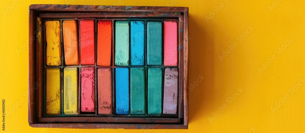 Poster top view of soft pastels in a wooden box on a yellow background, with copy space for text. these are