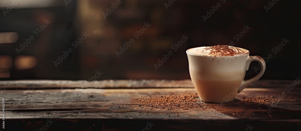 Poster hot latte or cappuccino served with milk on a wooden table, featuring a dark background and ample co