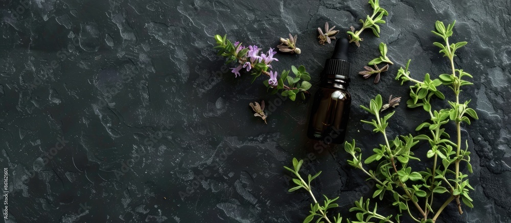 Poster thyme essential oil displayed on black table with copy space image.