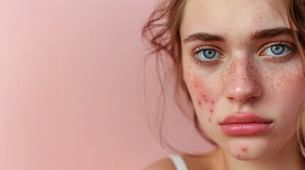 Close-up portrait of a young woman with acne on her face. She is looking directly at the camera...