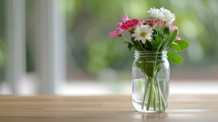 Fototapeta premium A bouquet of fresh flowers in a mason jar on a wooden table, with a blurred green background creating a serene and natural indoor scene.