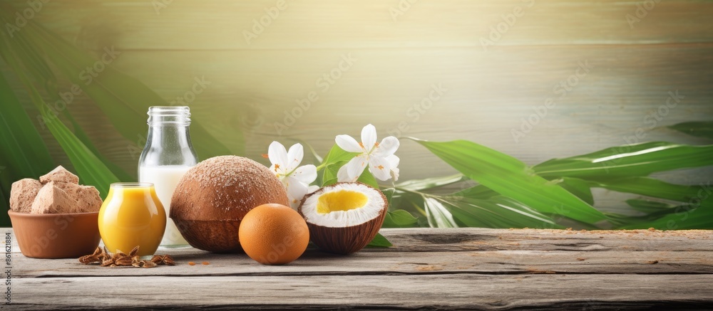 Poster breakfast table with a boiled egg, raisin and coconut muffin, fruit juice, and honey on a wooden bac